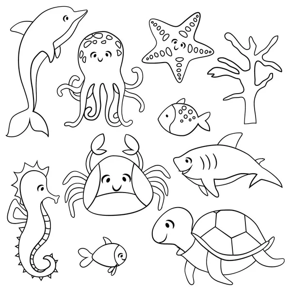 Set Patterns Sea Animals Cartoon Style Drawing Vector Illustration Isolate — Stock Vector