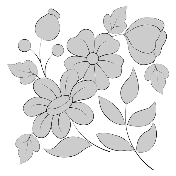 Vektorová Ilustrace Bílém Pozadí Vzor Květinami Listy Šedých Barvách — Stockový vektor