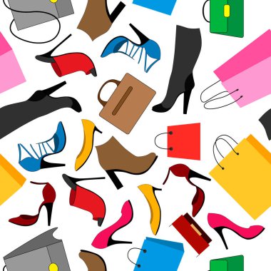 Kadın ayakkabıları ve çantalarıyla kusursuz desen, duvar kağıdı ve kumaş süsü, ambalaj kağıdı, farklı tasarımlar için arka plan.