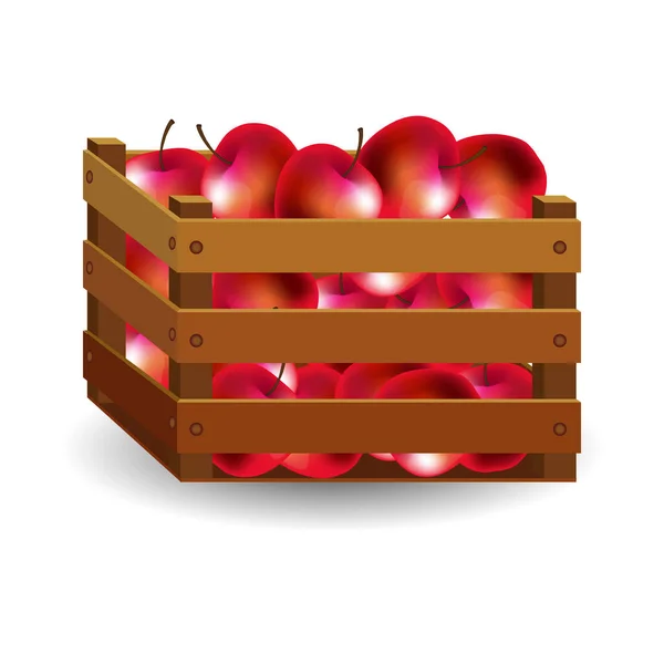 Διανυσματική Απεικόνιση Ξύλινο Κουτί Ώριμα Μήλα Απομονώνονται Λευκό Φόντο — Διανυσματικό Αρχείο