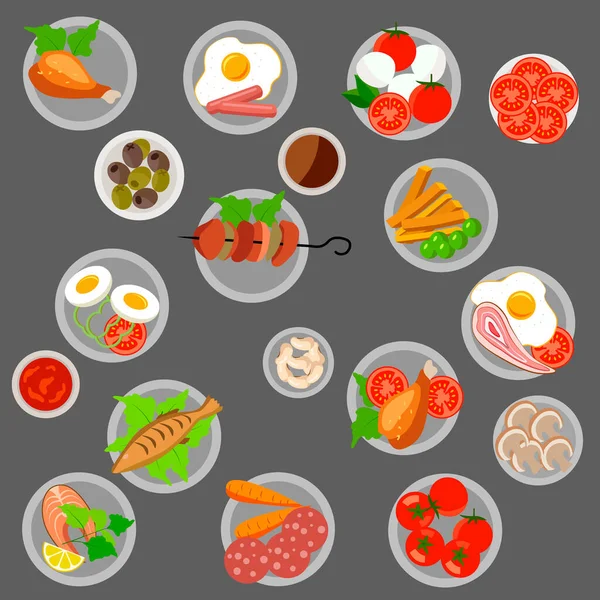 Ilustración Vectorial Comida Preparada Platos Tomates Tortillas Salchichas — Vector de stock