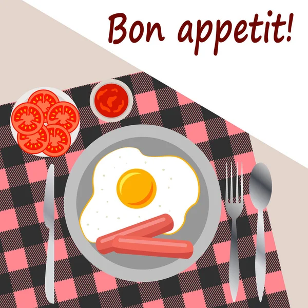 Illustration Vectorielle Service Table Prêt Pour Petit Déjeuner Tomates Omelette — Image vectorielle