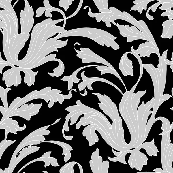 单色无缝图案 有植物和卷发元素 巴洛克装饰 壁纸和织物装饰 包装纸 不同设计的背景 — 图库矢量图片