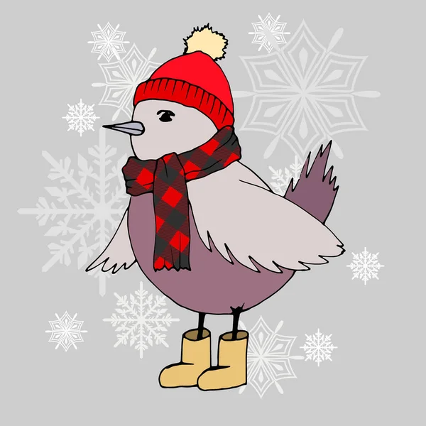 Ilustração Vetorial Pássaro Desenho Animado Estilo Roupas Inverno Fundo Inverno — Vetor de Stock