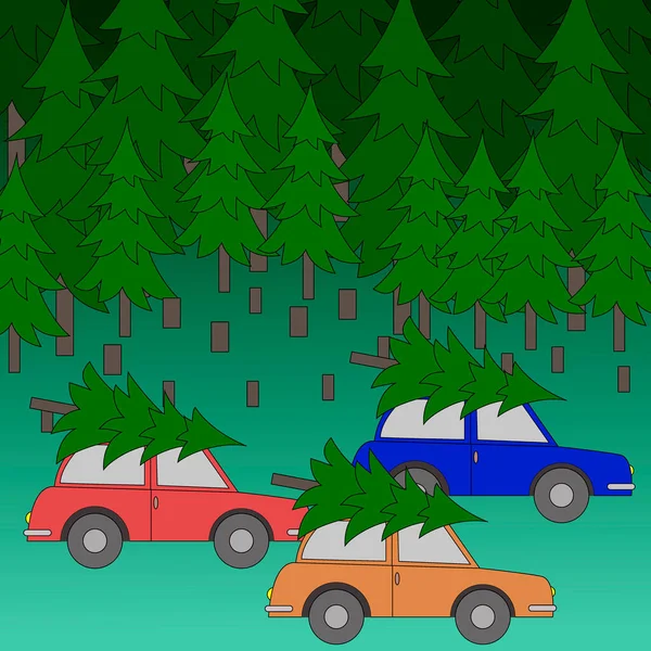 Auto Met Een Kerstboom Gekapte Bomen Vectorillustratie Achtergrond Voor Verschillend — Stockvector
