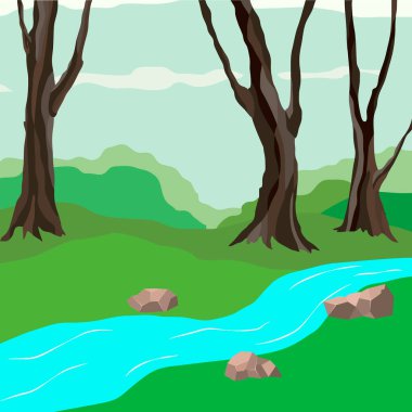Nehirli orman manzarası, ağaçlar ve çimenler, farklı tasarımlar için arka plan