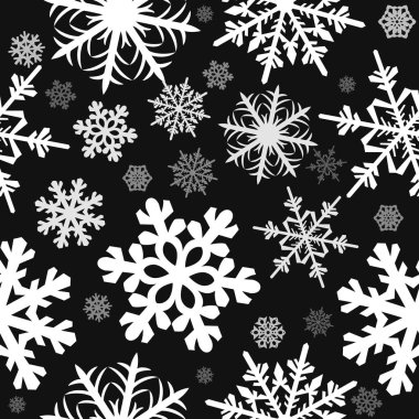 Gri renkli kar taneleriyle kusursuz desen, duvar kağıdı ve kumaş süsü, ambalaj kağıdı, farklı tasarımlar için arkaplan