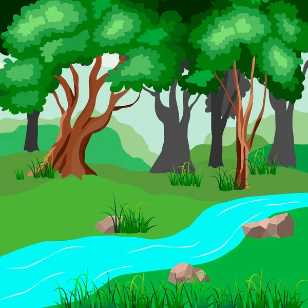 forest landscape with river, trees and grass, background for different designs