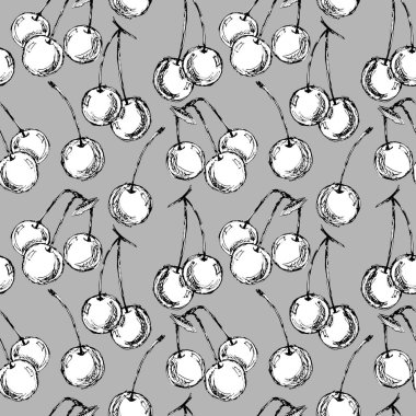 Gri renkli kirazlı kusursuz desen, duvar kağıdı ve kumaş süsü, ambalaj kağıdı, hatıra defteri, farklı tasarımlar için arkaplan