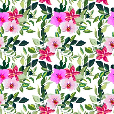 Parlak renklerde parlak desenler, orkide çiçekleri yaprakları, duvar kağıdı ve kumaş süsü, ambalaj kağıdı, hatıra defteri, farklı tasarımlar için arkaplan