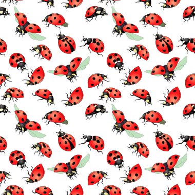 Kırmızı böcekli kusursuz desen, duvar kağıdı ve kumaş süsü, ambalaj kağıdı, hatıra defteri, farklı tasarımlar için arkaplan
