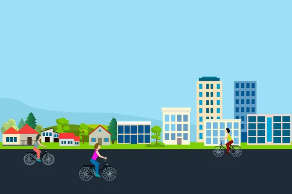 Paysages Avec Routes Maisons Cyclistes Arrière Plan Pour Différents Modèles — Image vectorielle