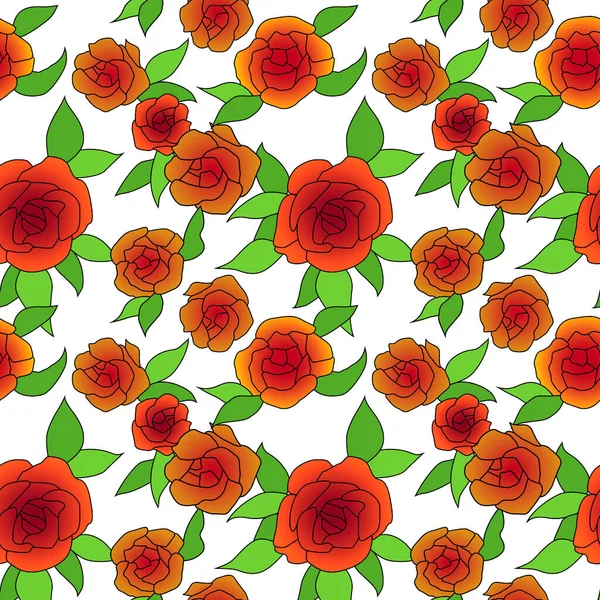 Patrón Sin Costuras Con Rosas Hojas Estilizadas Colores Brillantes Adorno — Archivo Imágenes Vectoriales