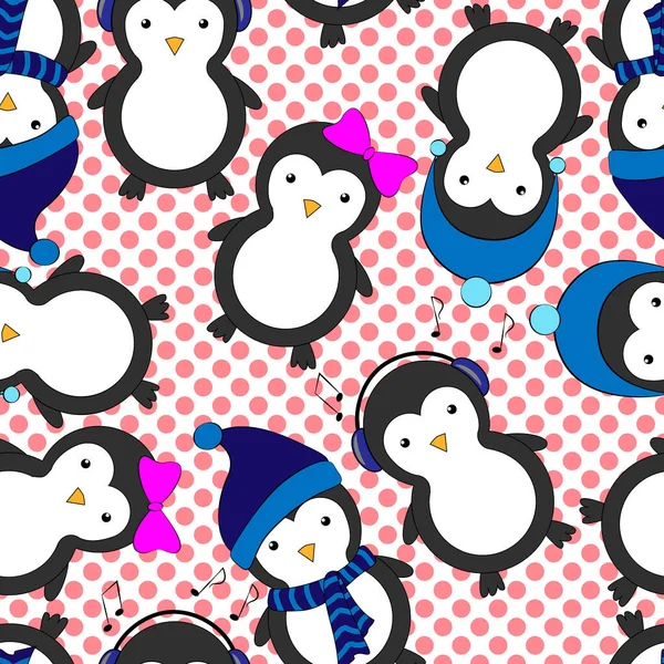 Seamless Cartoon Style Pattern Penguins Ornament Wallpaper Fabric Wrapping Paper — Stock Vector