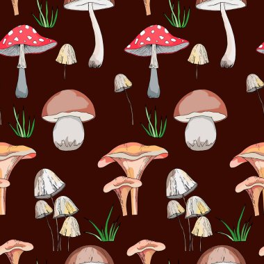 Gerçekçi orman mantarlarıyla kusursuz desen, duvar kağıdı ve kumaş süsü, ambalaj kağıdı.