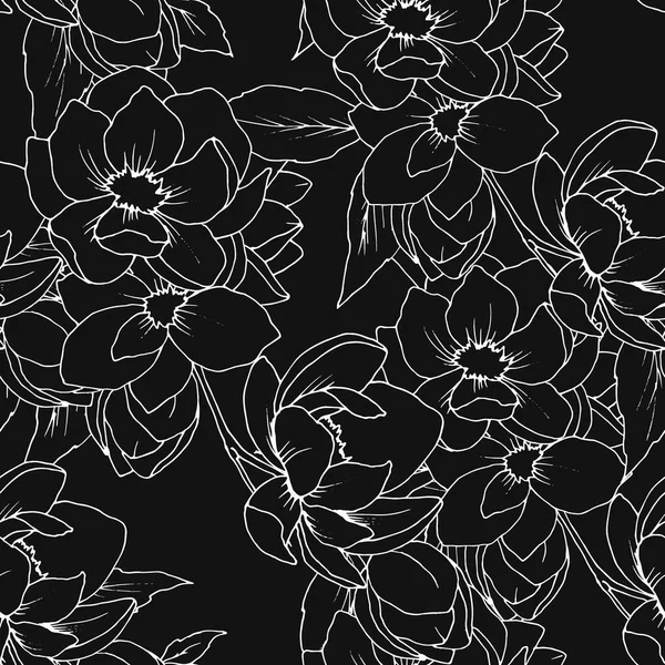 Modello Senza Cuciture Modello Lineare Fiori Foglie Magnolia Ornamento Carta — Vettoriale Stock