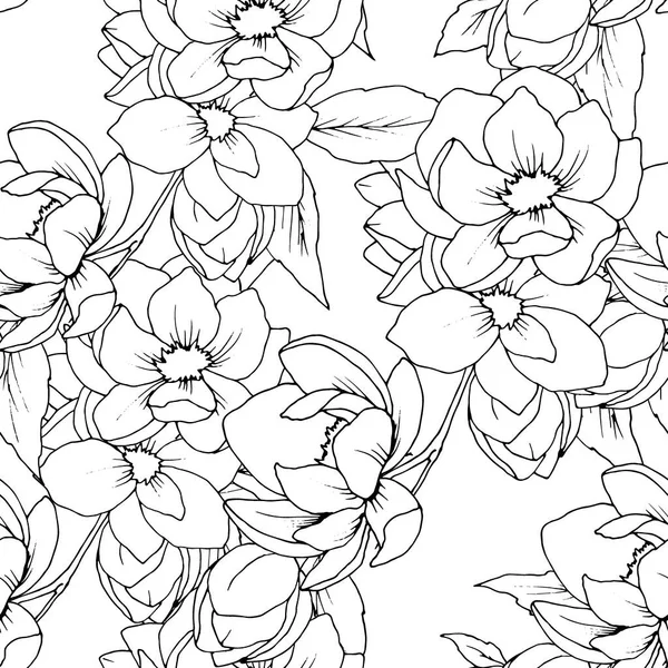 Бесшовный Узор Линейный Узор Цветы Листья Магнолии Орнамент Обоев Ткани — стоковый вектор
