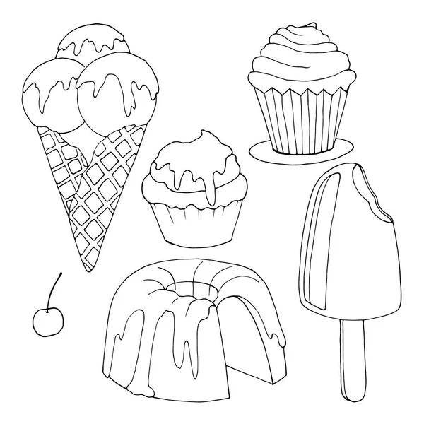 Ensemble Bonbons Cupcake Crème Gâteau Crème Glacée Dessins Noir Blanc — Image vectorielle