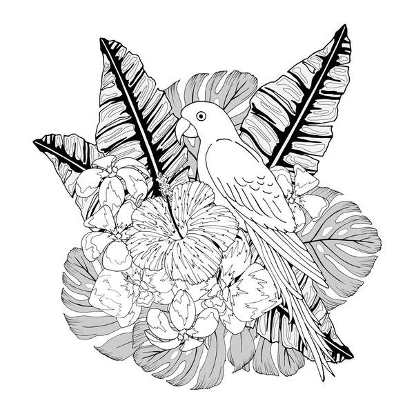 Композиція Тропічних Квітів Листя Папугою Чорно Білому Кольорі Векторні Ілюстрації — стоковий вектор