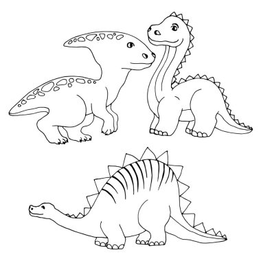 Siyah beyaz bebek resimleri, dinozorlar, vektör çizimleri, izole et