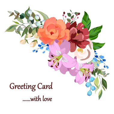 Bir buket çiçek, bir tebrik kartı, bir çiçek afişi, bir çiçek kompozisyonu.