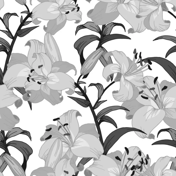 Bezszwowy Wzór Gałęziami Kwiatami Lilii Monochromatycznej Szarości Ozdoba Tapety Tkaniny — Wektor stockowy