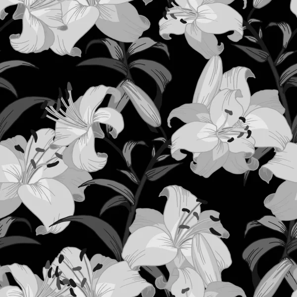 Seamless Pattern Branches Flowers Lilies Monochrome Gray Ornament Wallpaper Fabric — Stock Vector