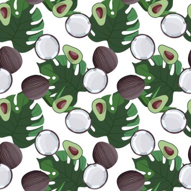 Hindistan cevizi, mango ve tropikal yapraklı kusursuz desen, duvar kağıdı ve kumaş süsü, ambalaj kağıdı, koleksiyon defteri ve tasarım için arkaplan