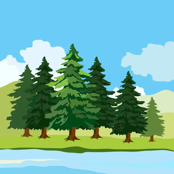 Ilustración Vectorial Imagen Paisaje Abetos Horizonte — Vector de stock