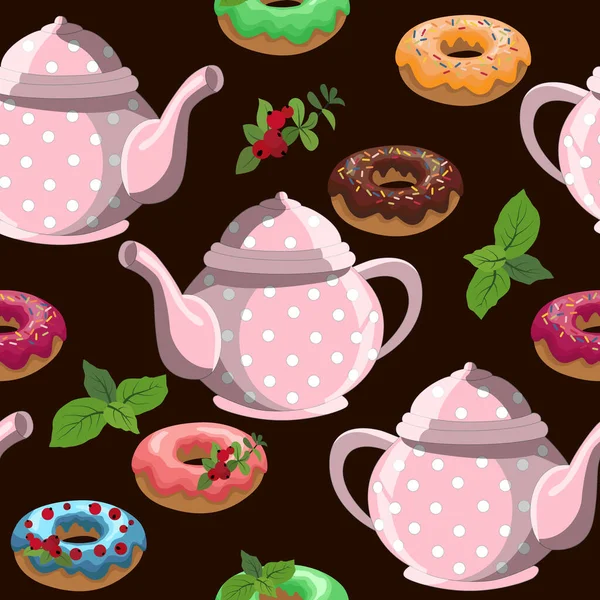 Naadloos Patroon Donuts Een Theepot Ontbijtthee Ornament Voor Behang Stof — Stockvector