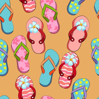 Plaj sandaletleriyle kusursuz desen, duvar kağıdı ve kumaş süsü, yapıştırma kitabı kağıdı, farklı tasarımlar için arka plan.