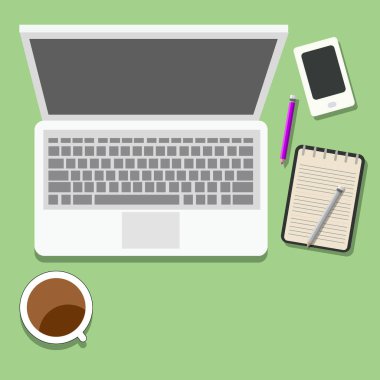 Masaüstünüzdeki bilgisayar resmi ve defteri, farklı tasarım için vektör çizimi