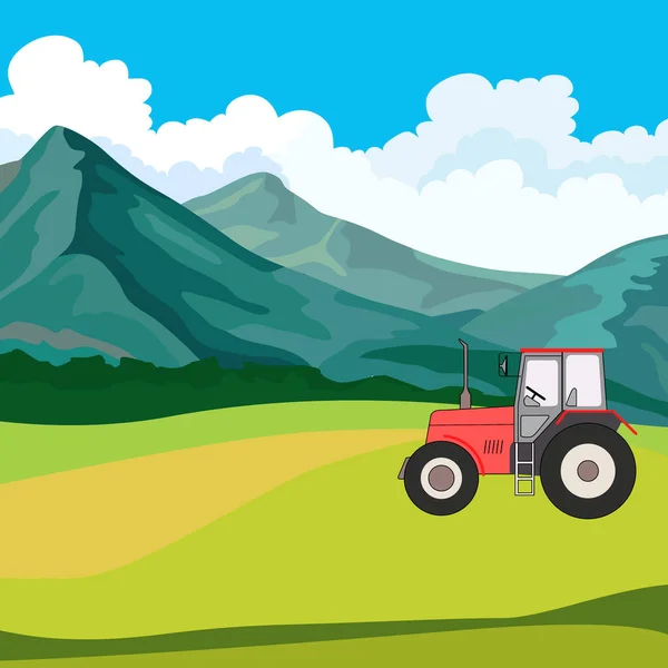Hintergrund Landschaftsblick Mit Bergen Traktor Feld Für Verschiedene Ausführungen — Stockvektor
