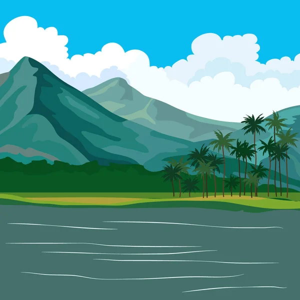 Fondo Vista Paisaje Con Montañas Palmeras Para Diferentes Diseños — Vector de stock