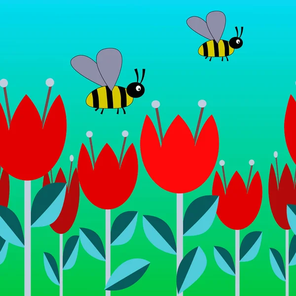 儿童壁纸 无缝隙图案 郁金香和蜜蜂 不同设计 — 图库矢量图片