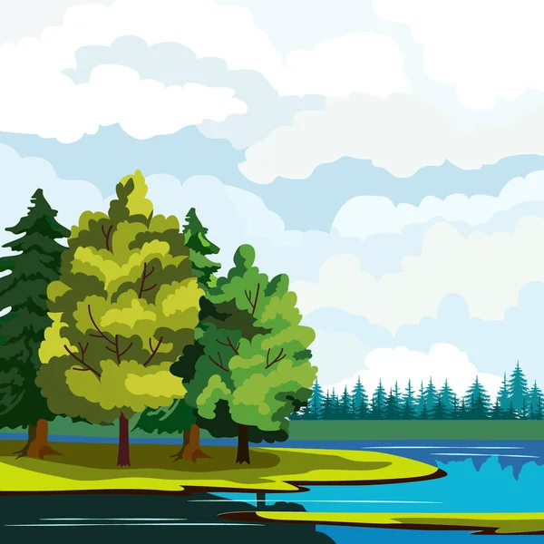 landscape, lake and tree species, vector illustration, background for different designs