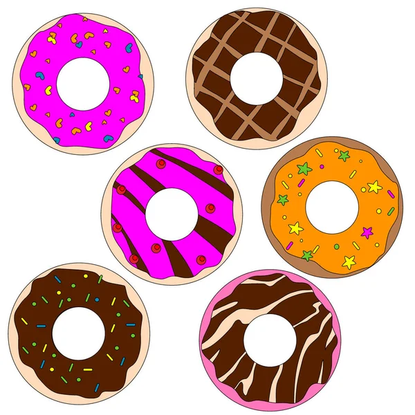 Bilder Von Süßen Donuts Verschiedenen Farben Vektorillustration Isoliert Auf Weißem — Stockvektor