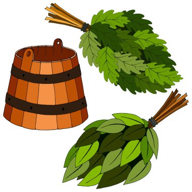 Bir sauna için çizim ögeleri, bir set, renkli bir resim, vektör illüstrasyonu, beyaz bir arkaplanda izole
