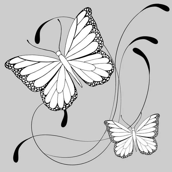 Teckning Grå Bakgrund Fjärilar Och Lockar Vektor Illustration — Stock vektor