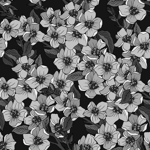 Seamless Pattern Sakura Branches Monochrome Colors Ornament Wallpaper Fabric Background — Stock Vector