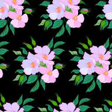 Yaban gülü çiçekleriyle kusursuz desen, duvar kağıdı ve kumaş süsü, ambalaj kağıdı, kupür defteri, farklı tasarımlar için arka plan.