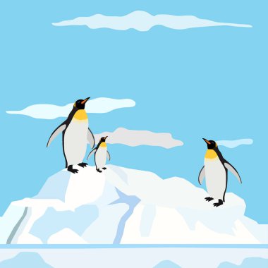 mavi renkli arkaplan, buzdağındaki penguenler, vektör illüstrasyonu