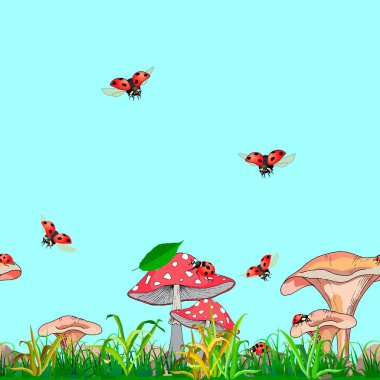 Kusursuz desen, çimen, orman mantarları ve uğur böcekleri görüntüsüyle sınır.