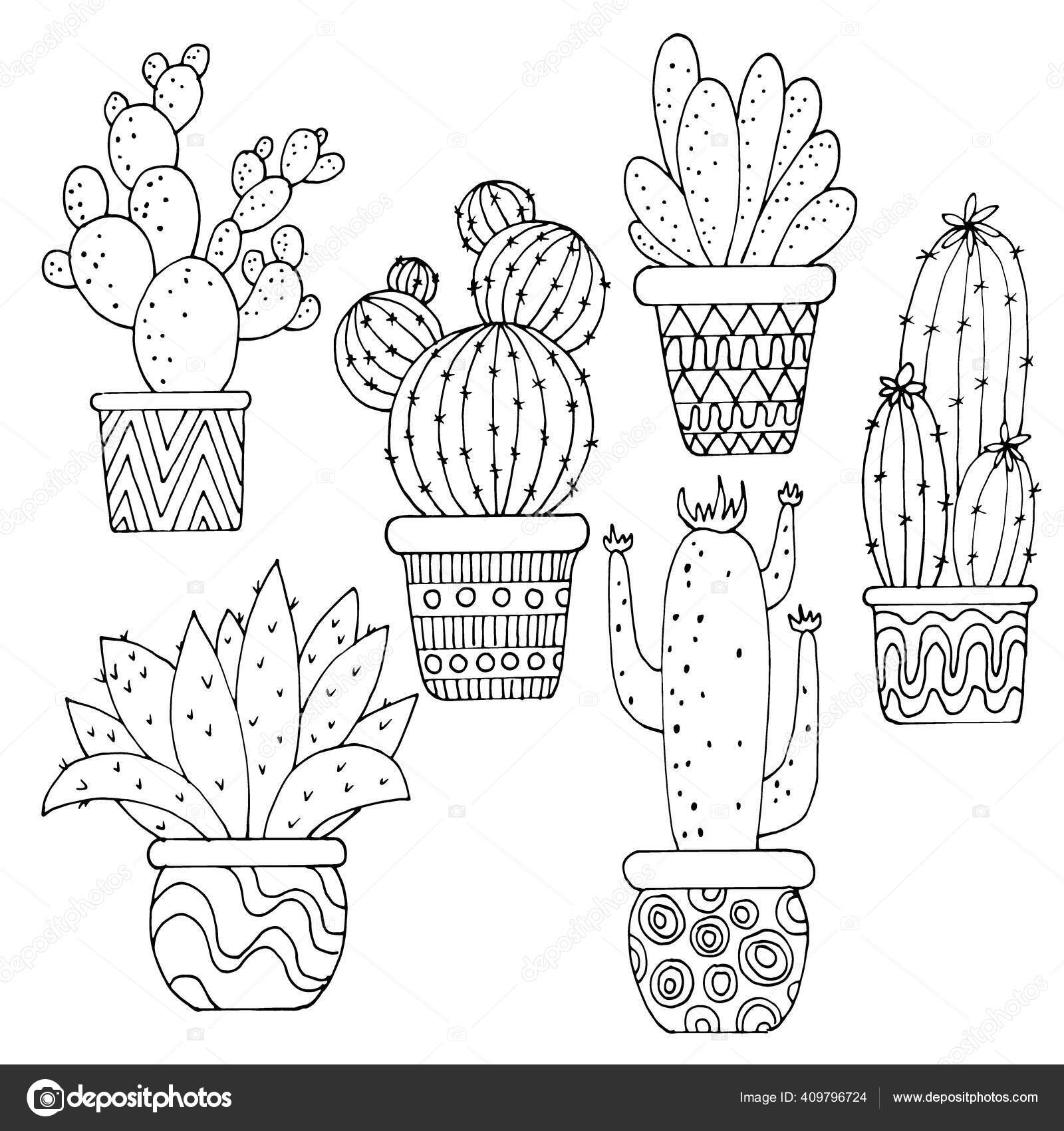 Um conjunto de cactos em vasos em um fundo branco desenho de desenho  animado