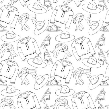 Giyim ve ayakkabı çizimleriyle siyah beyaz kusursuz desenler.