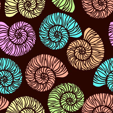 Parlak renklerde kusursuz desen, stilize kabuk, duvar kağıdı ve kumaş için süs, ambalaj kağıdı