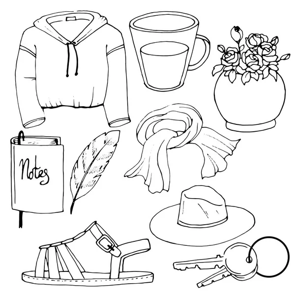 Siyah ve beyaz resimler, giysi ve ayakkabı çizimleri ve kullanım nesneleri