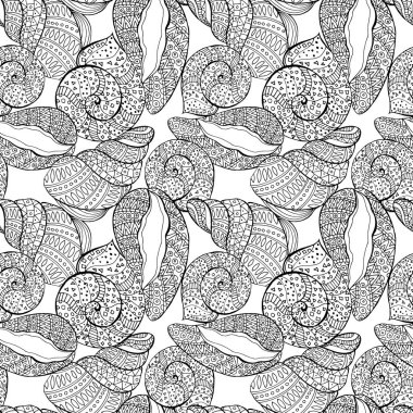 Siyah beyaz kusursuz desen, deniz kabuğu çizimi, antistresi renklendirme.