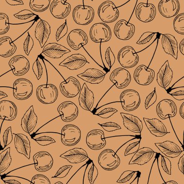 Böğürtlen ve kiraz yapraklarıyla siyah beyaz desenli kusursuz desen, duvar kağıdı ve kumaş süsü, koleksiyon kitabı için arka plan