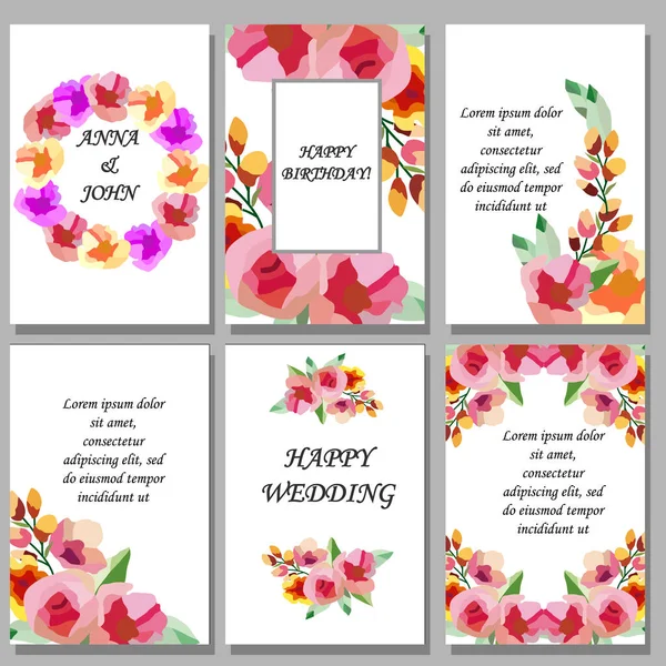 Set Printed Products Wedding Invitations Greetings Cards Elements Plants Flowers — Stock Vector